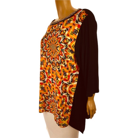 New Directions Size 1X Blouse Orange/Black/White 3/4 Sleeve Beads at Neckline - Picture 2 of 5